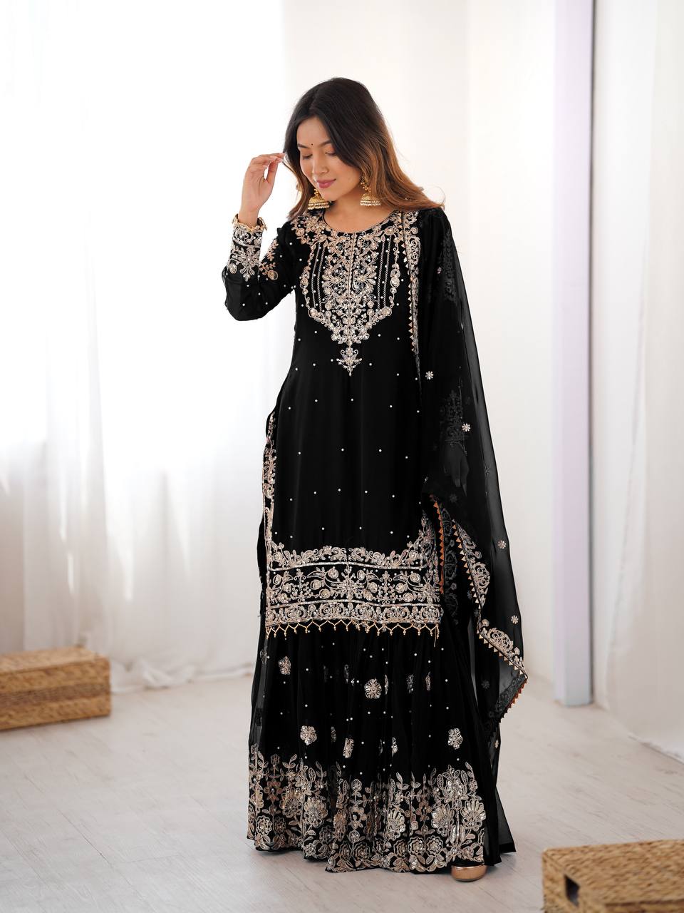 Designer Heavy Embroidered Kurta Sharara Suit Set with Dupatta | 10 Color Options