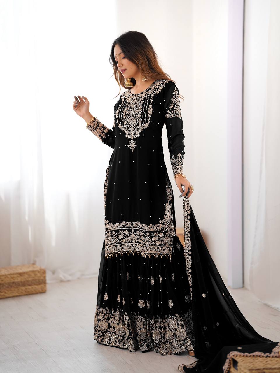 Designer Heavy Embroidered Kurta Sharara Suit Set with Dupatta | 10 Color Options