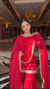 Red Embroidered Kurta Sharara Suit with Dupatta