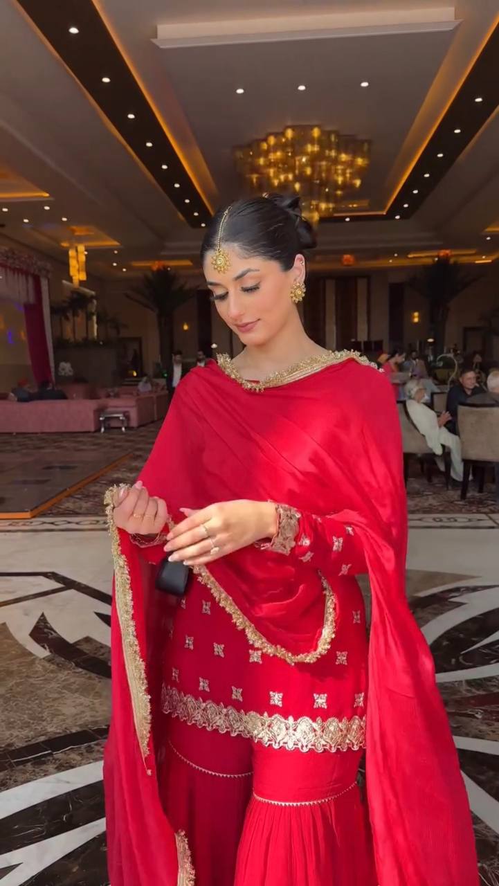 Red Embroidered Kurta Sharara Suit with Dupatta