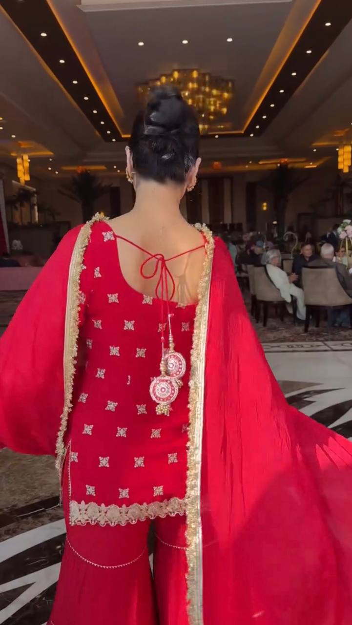 Red Embroidered Kurta Sharara Suit with Dupatta