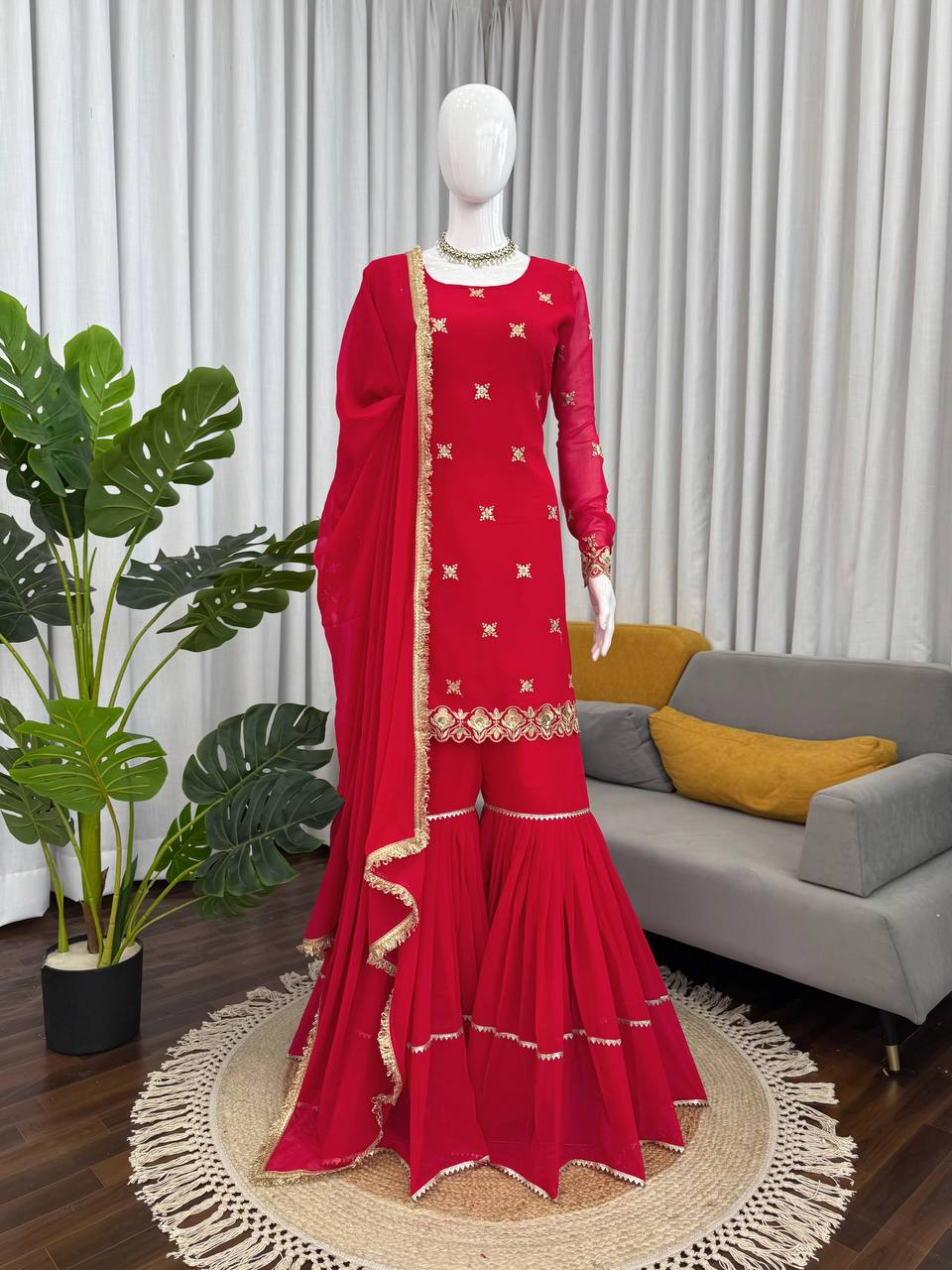 Red Embroidered Kurta Sharara Suit with Dupatta