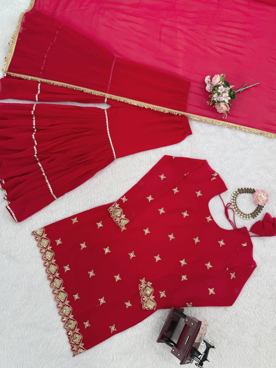 Red Embroidered Kurta Sharara Suit with Dupatta
