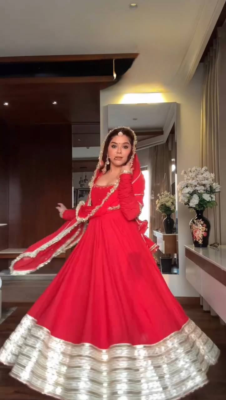 Red Pleated Anarkali Suit with Golden Border Dupatta