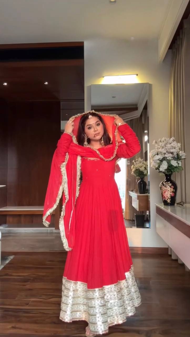 Red Pleated Anarkali Suit with Golden Border Dupatta
