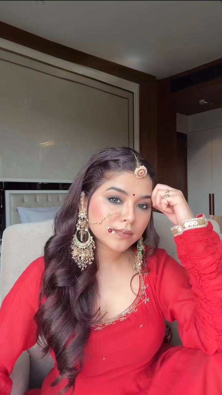 Red Pleated Anarkali Suit with Golden Border Dupatta