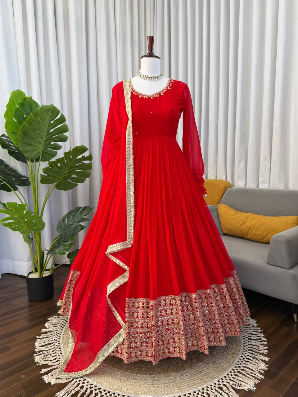 Red Pleated Anarkali Suit with Golden Border Dupatta