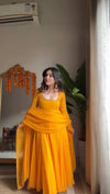 Mustard Yellow Plain Anarkali Kurti Set with Dupatta & Bottom – Elegant Festive Wear