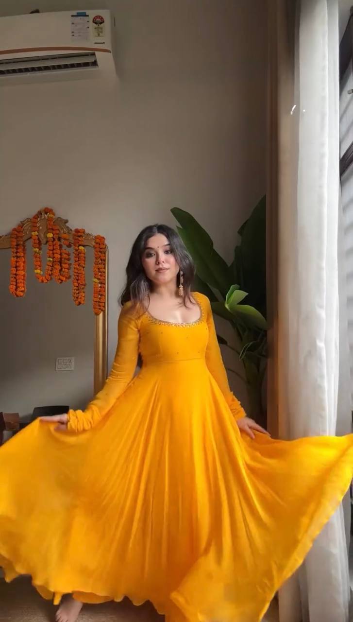 Mustard Yellow Plain Anarkali Kurti Set with Dupatta & Bottom – Elegant Festive Wear