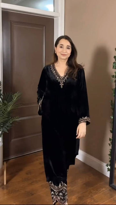 Black Velvet Embroidered Kurti Pant Set – Festive & Party Wear