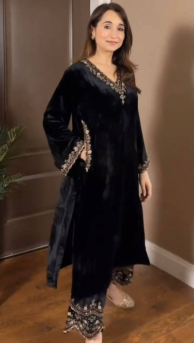 Black Velvet Embroidered Kurti Pant Set – Festive & Party Wear