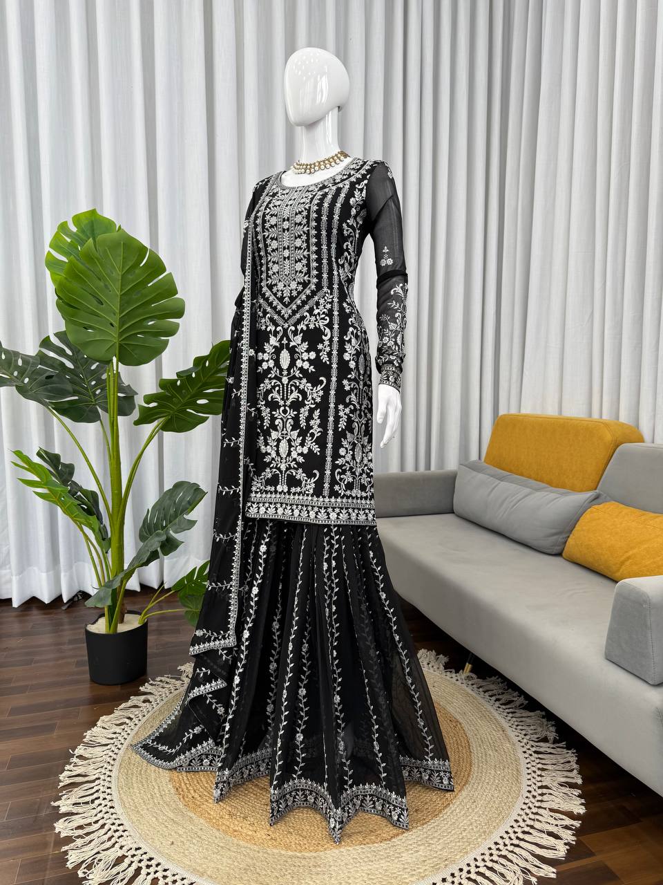 Elegant Embroidered Kurti Sharara Set with Dupatta – Premium Party Wear (Wine & Black Color Options)