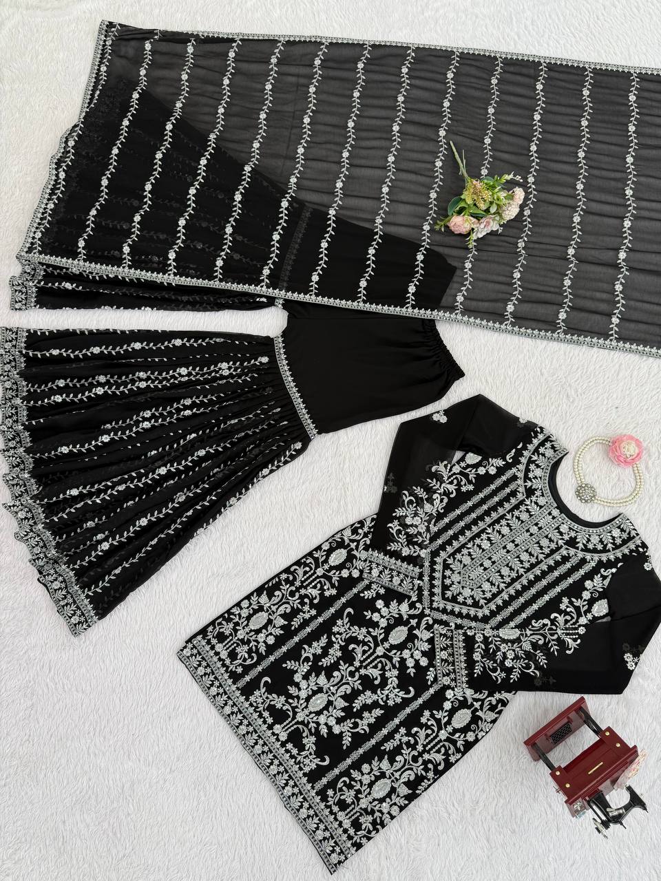 Elegant Embroidered Kurti Sharara Set with Dupatta – Premium Party Wear (Wine & Black Color Options)