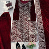 Maroon Velvet Heavy Embroidered Kurta Pant Set with Dupatta – Festive & Party Wear