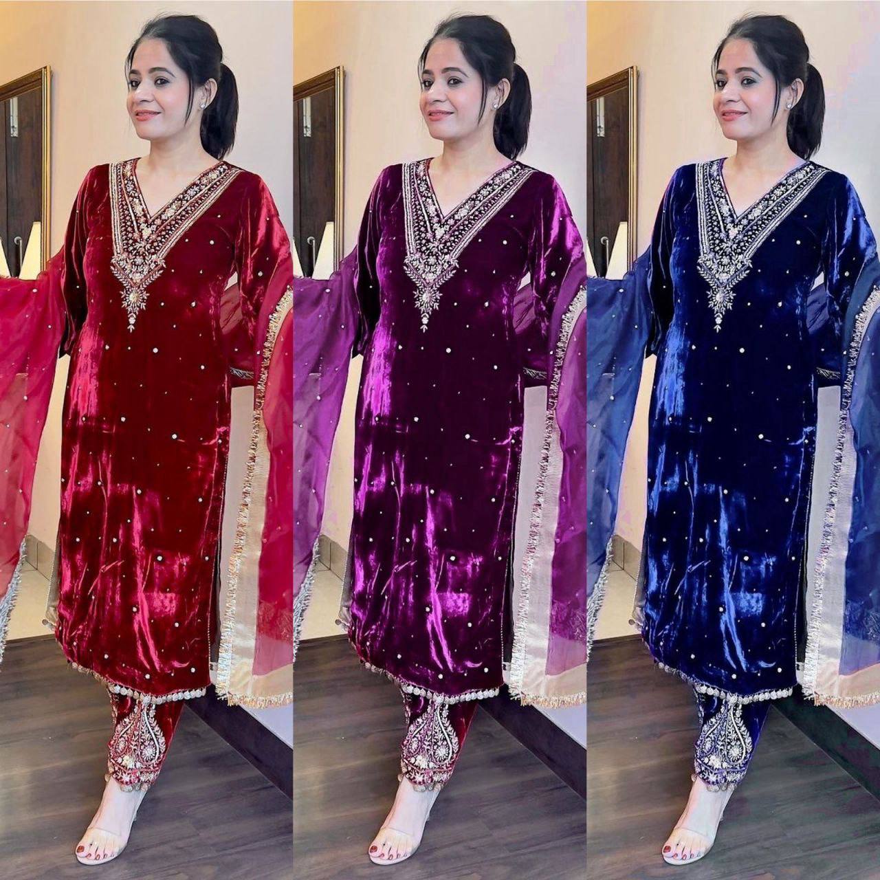 Premium Velvet Embroidered Kurta Pant Set with Dupatta | 3 Color Options