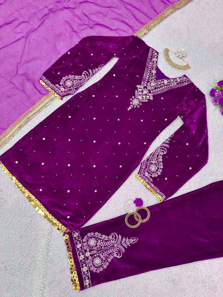Premium Velvet Embroidered Kurta Pant Set with Dupatta | 3 Color Options