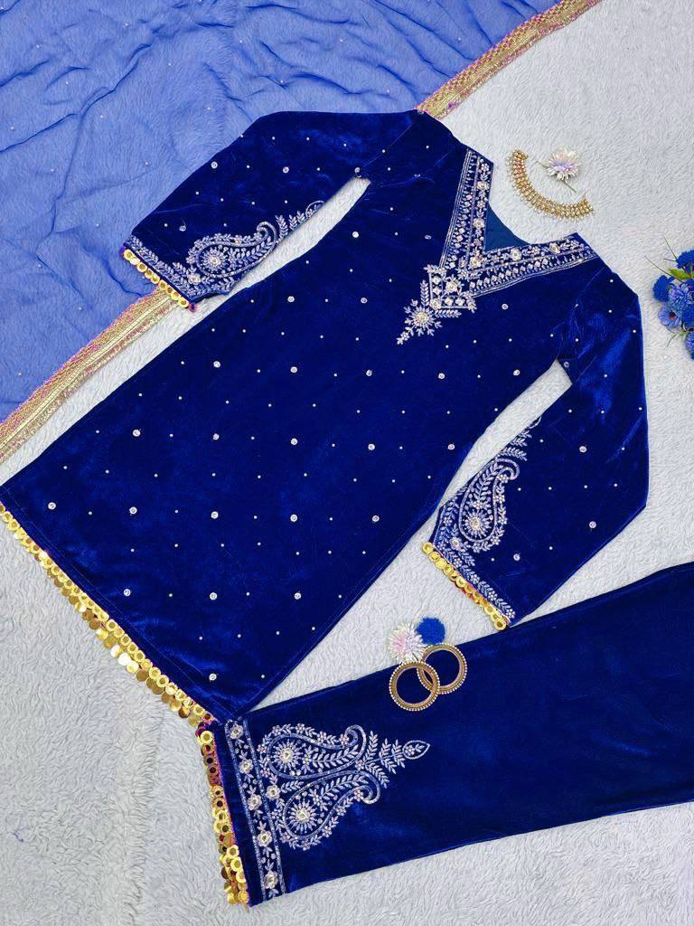 Premium Velvet Embroidered Kurta Pant Set with Dupatta | 3 Color Options