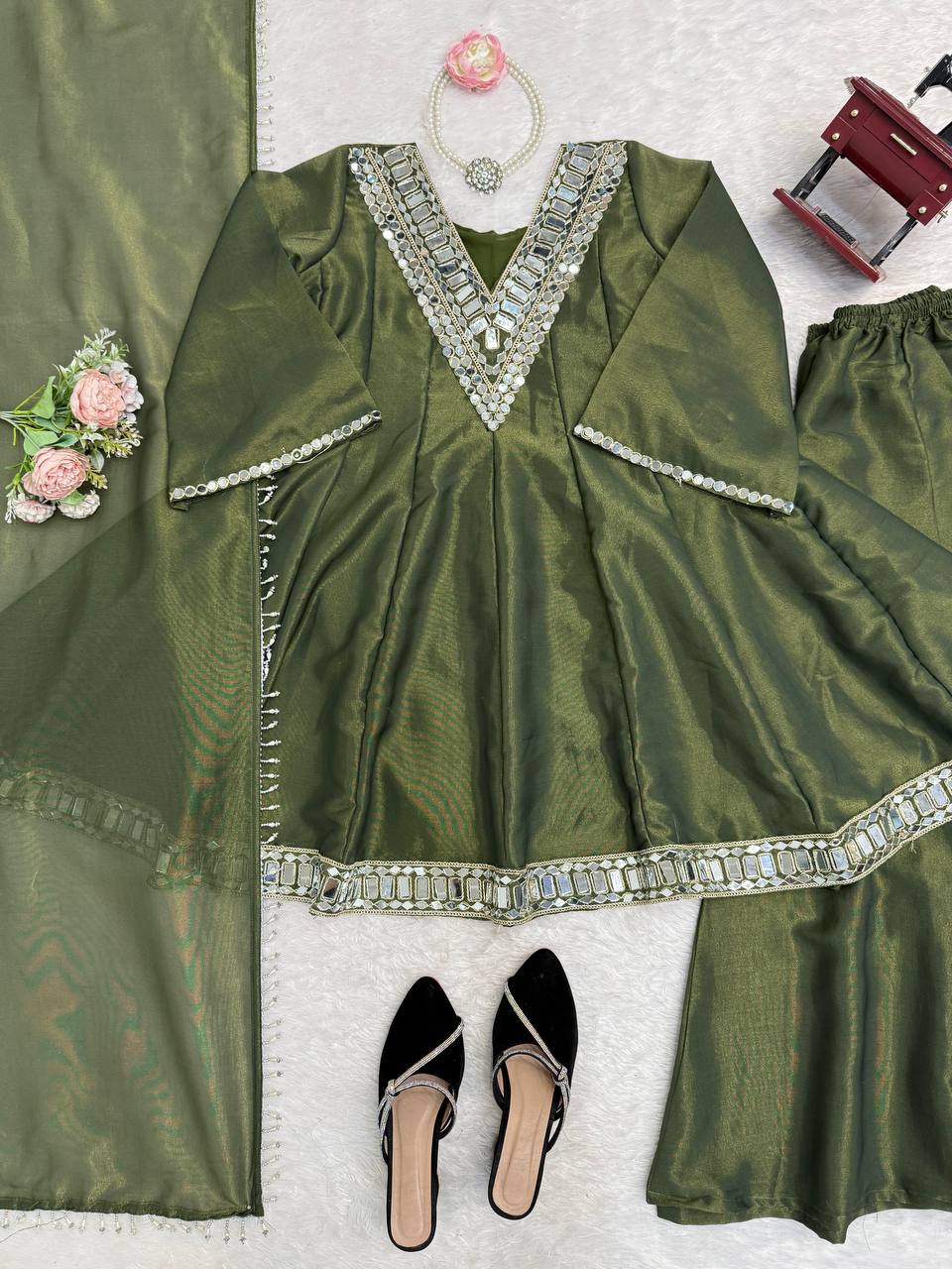 Elegant Mirror Work Anarkali Kurta Set with Dupatta – 3 Color Options
