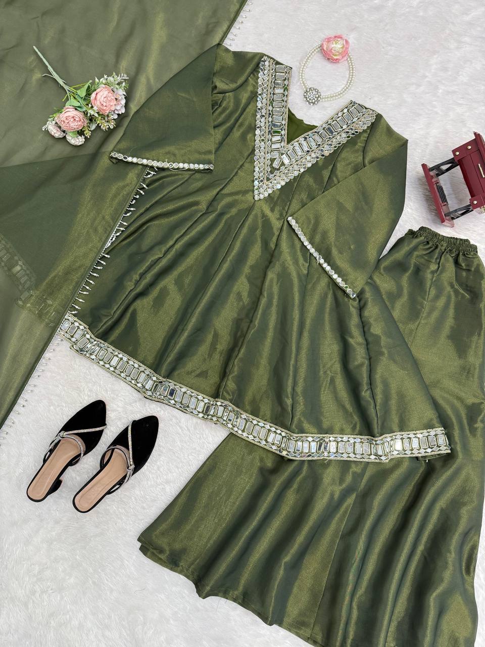 Elegant Mirror Work Anarkali Kurta Set with Dupatta – 3 Color Options