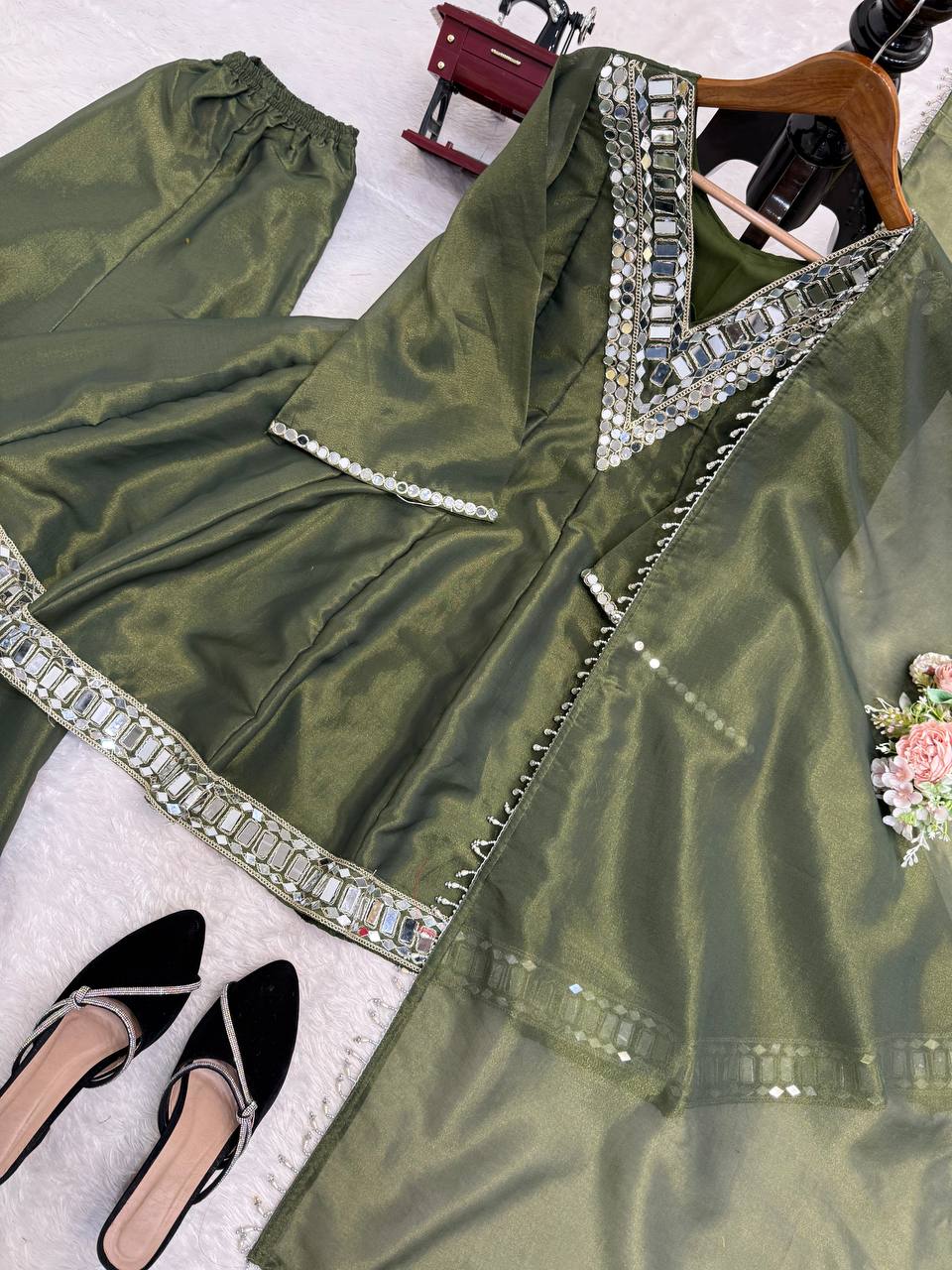 Elegant Mirror Work Anarkali Kurta Set with Dupatta – 3 Color Options