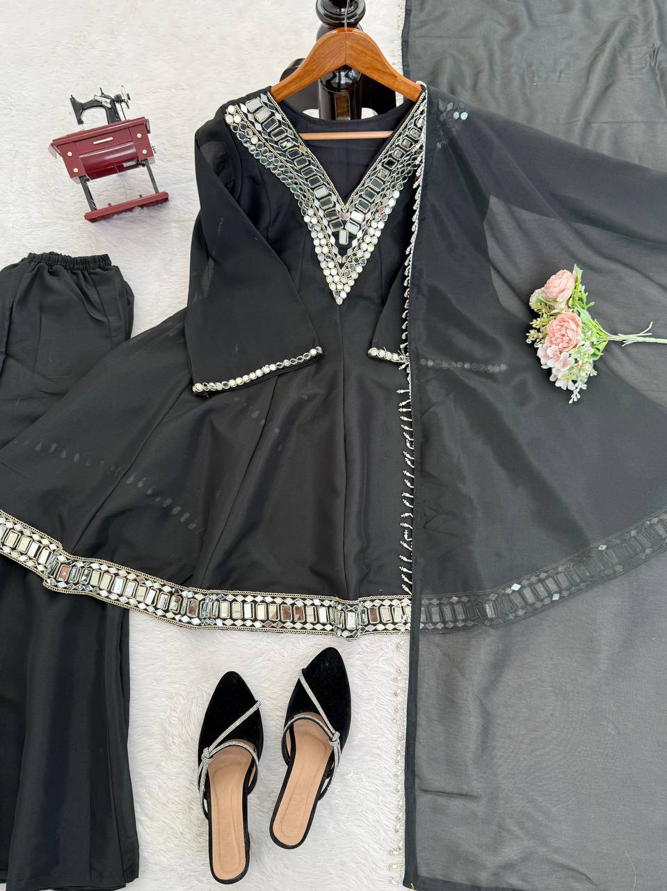 Elegant Mirror Work Anarkali Kurta Set with Dupatta – 3 Color Options