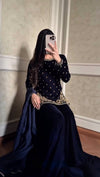 Navy Blue Velvet Kurta Set with Floral Embroidery & Dupatta