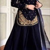 Navy Blue Velvet Kurta Set with Floral Embroidery & Dupatta