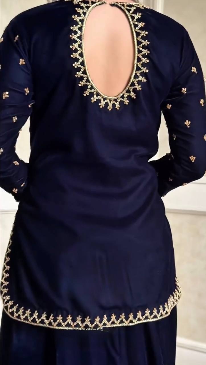 Navy Blue Velvet Kurta Set with Floral Embroidery & Dupatta