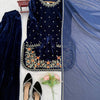 Navy Blue Velvet Kurta Set with Floral Embroidery & Dupatta