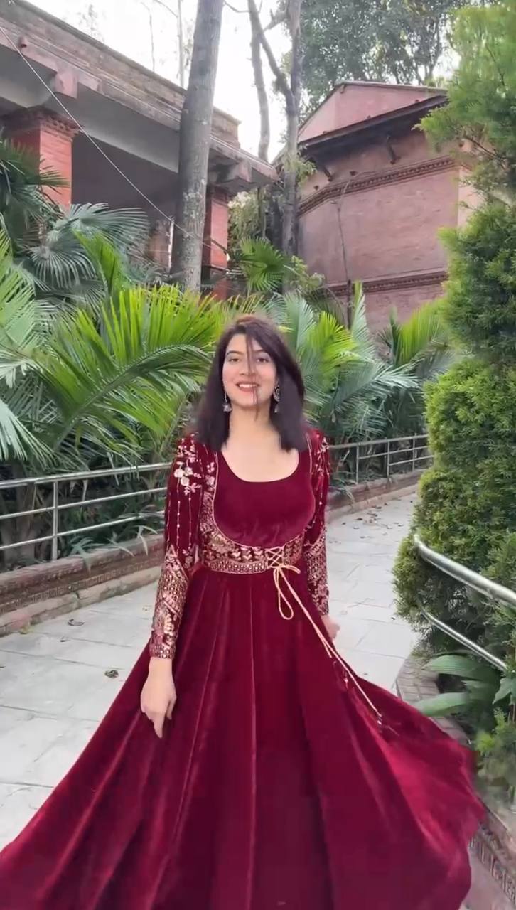 Maroon Velvet Lehenga Choli with Heavy Embroidered Blouse – Wedding & Festive Wear