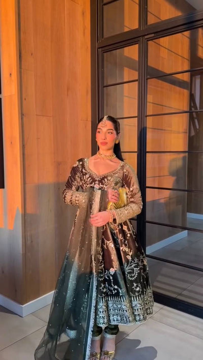 Green Velvet Heavy Embroidered Anarkali Kurta Pant Set with Dupatta – Festive & Wedding Wear