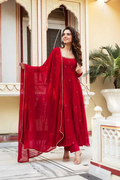 Red Anarkali Kurta Pant Set with Dupatta – Festive & Party Wear
