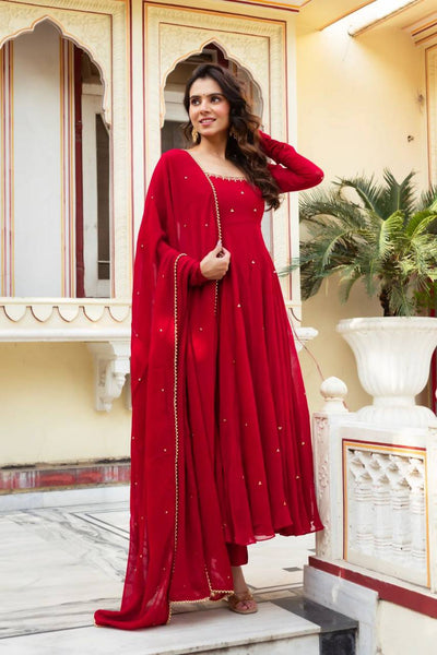 Red Anarkali Kurta Pant Set with Dupatta – Festive & Party Wear