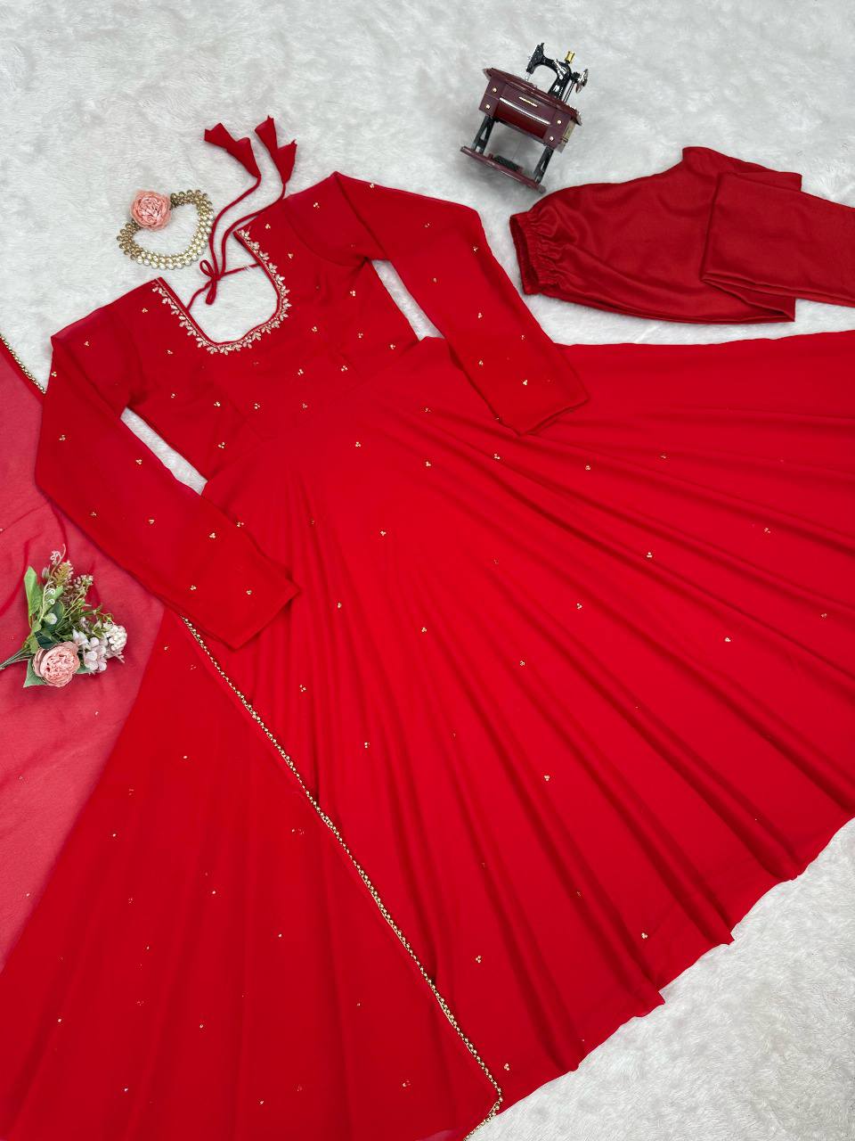 Red Anarkali Kurta Pant Set with Dupatta – Festive & Party Wear