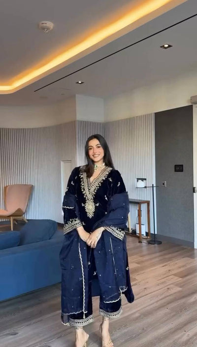 Navy Blue Embroidered Kurta Pant Set with Dupatta – Festive & Party Wear