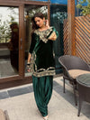 Emerald Green Velvet Heavy Embroidered Kurta Pant Set with Dupatta – Festive & Wedding Wear