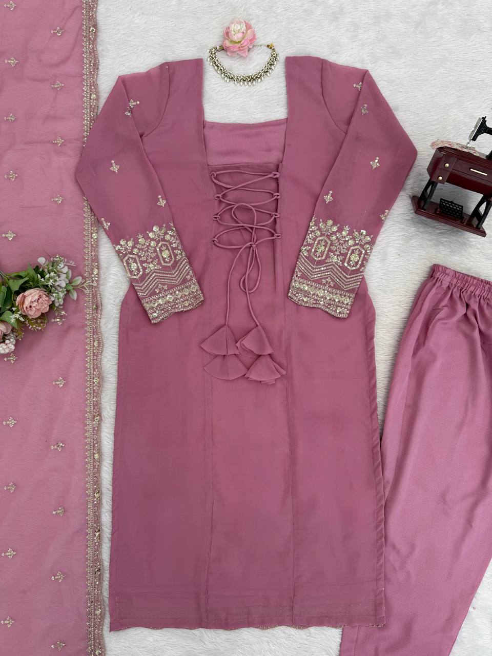 Embroidered Kurta Pant Set with Net Dupatta – Mint Green & Dusty Rose