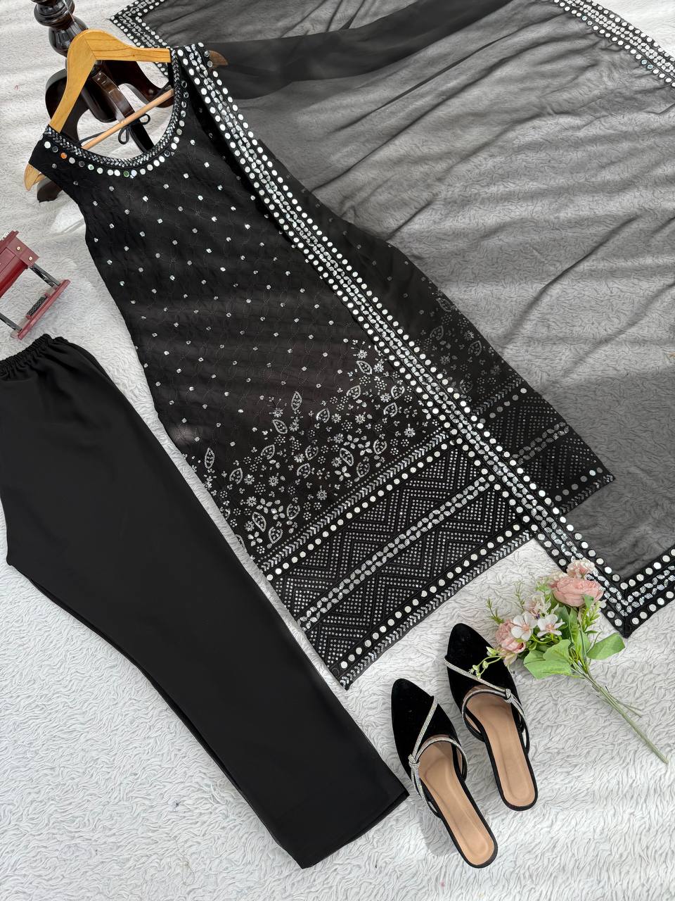 Black Mirror Work Sleeveless Kurta Pant Set with Dupatta – Festive & Party Wear