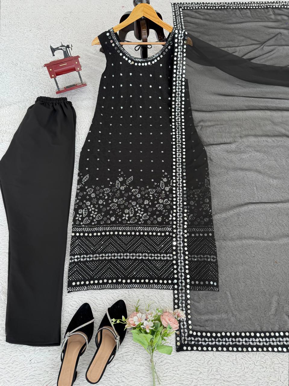 Black Mirror Work Sleeveless Kurta Pant Set with Dupatta – Festive & Party Wear