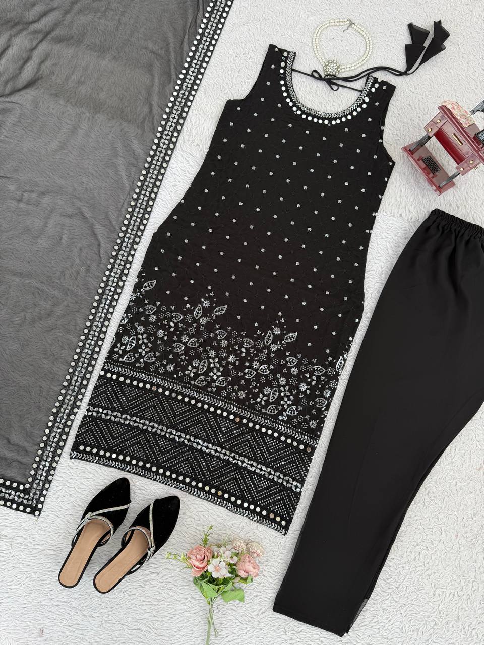 Black Mirror Work Sleeveless Kurta Pant Set with Dupatta – Festive & Party Wear