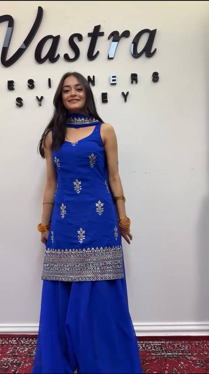 Royal Blue Georgette Sharara Suit Set with Dupatta | Elegant Festive Wear