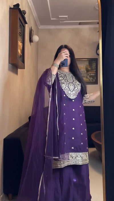 Deep Purple Embroidered Kurta Sharara Suit Set with Dupatta | Festive Ethnic Wear