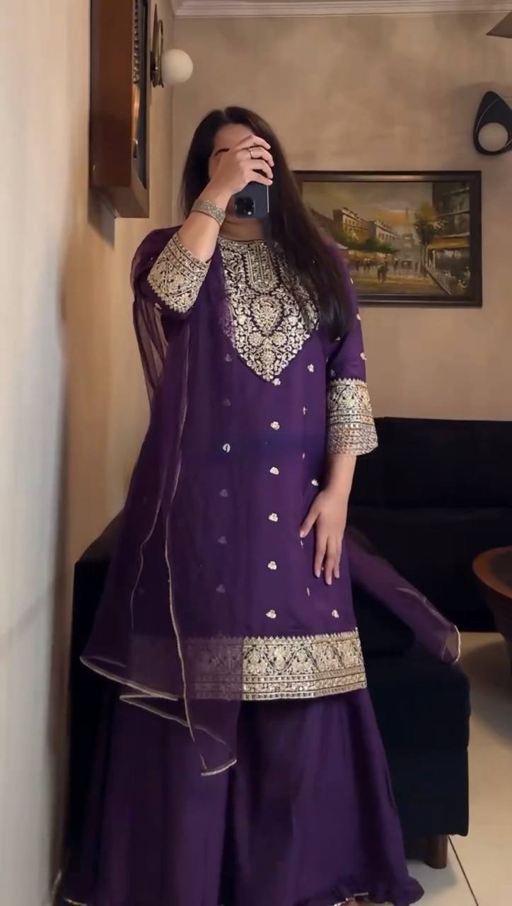 Deep Purple Embroidered Kurta Sharara Suit Set with Dupatta | Festive Ethnic Wear