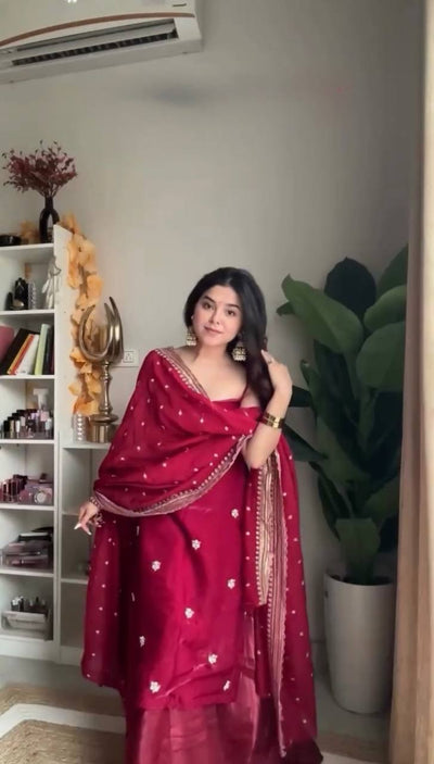 Red Sleeveless Kurta Sharara Suit Set with Dupatta | Festive Ethnic Wear