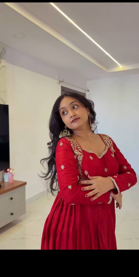 Embroidered Anarkali Suit Set with Dupatta & Bottom – 2 Color Options (Red & Orange ) | Festive Wear for Women