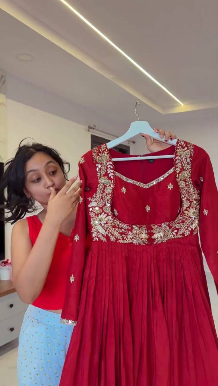 Embroidered Anarkali Suit Set with Dupatta & Bottom – 2 Color Options (Red & Orange ) | Festive Wear for Women