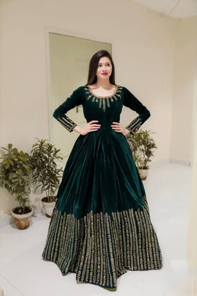 Teal Blue Velvet Embroidered Anarkali Sharara Suit Set | Winter Festive Wear