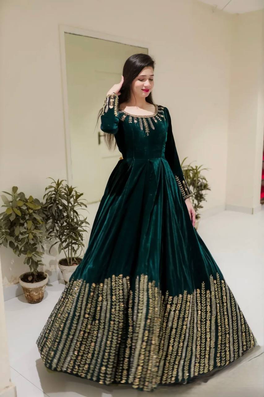 Teal Blue Velvet Embroidered Anarkali Sharara Suit Set | Winter Festive Wear