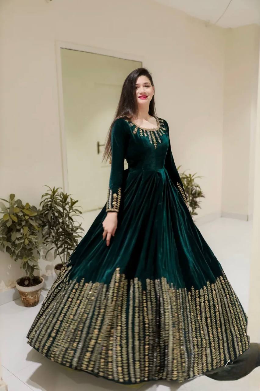 Teal Blue Velvet Embroidered Anarkali Sharara Suit Set | Winter Festive Wear
