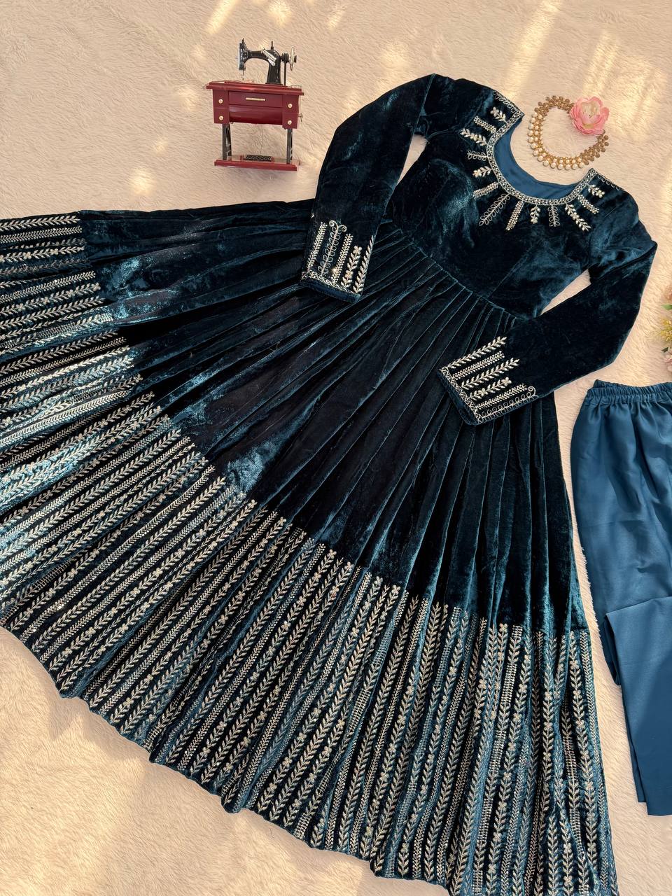 Teal Blue Velvet Embroidered Anarkali Sharara Suit Set | Winter Festive Wear